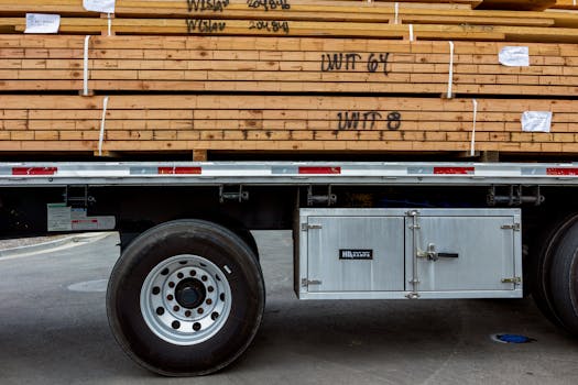 TJF flatbed truck transporting lumber — Beauce to Maine