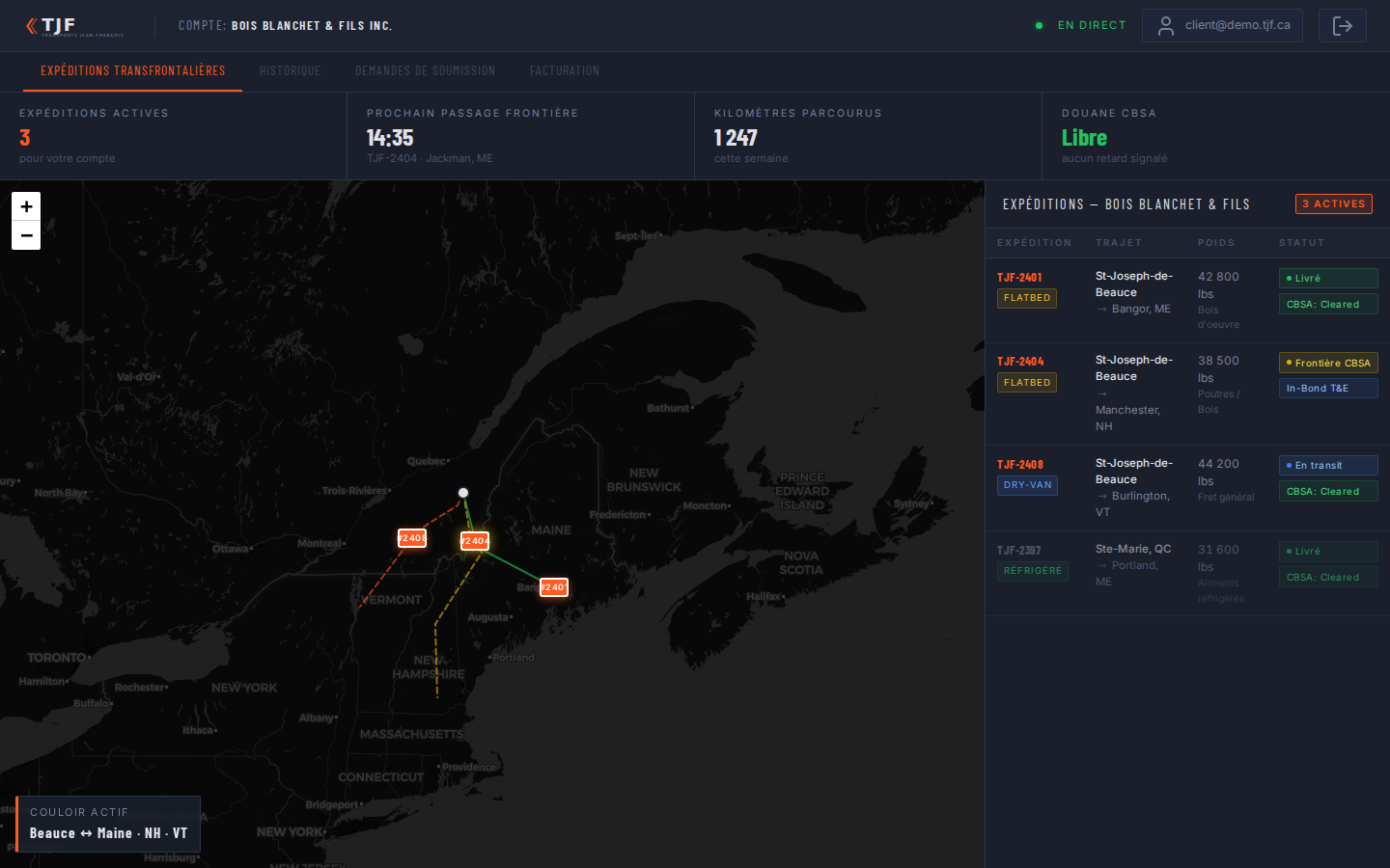 TJF customer platform preview — cross-border shipment tracking dashboard
